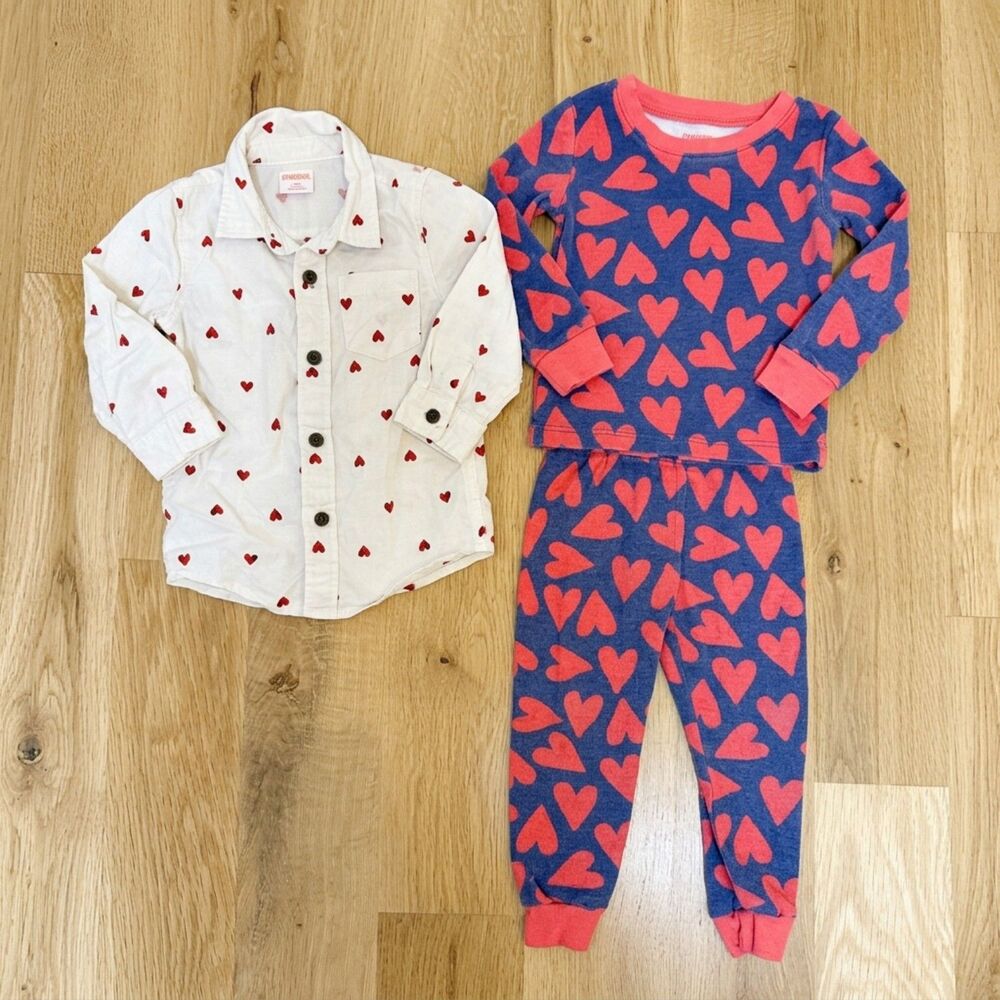 Cat & Jack 18M Button Up Amazon Essentials 24M Pajama Heart Bundle Set EUC